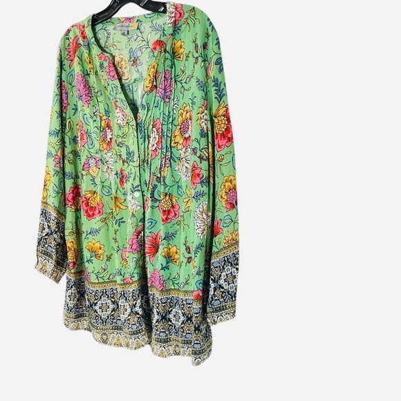 FIGUEROA & Flower Floral bohemian pleated blouse size XL. Green with pink white - Picture 4 of 11